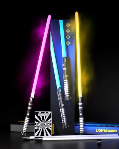 Juego de 2 sables láser de Duelo 6 Efectos de Sonido y 24 Colores Sable láser Desmontable Hoja de Doble Cara Mango de Metal Vibrante Sables láser para niños y Adultos 5.0