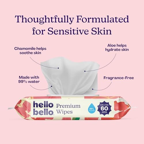Hello Bello Premium Baby Wipes for Sensitive Skin, Hypoallergenic, Fragrance-Free, 99% Water with Chamomile & Aloe, Multi-Use, Rosy Posy, 9 Resealable Packets, 540 Wipes - 1