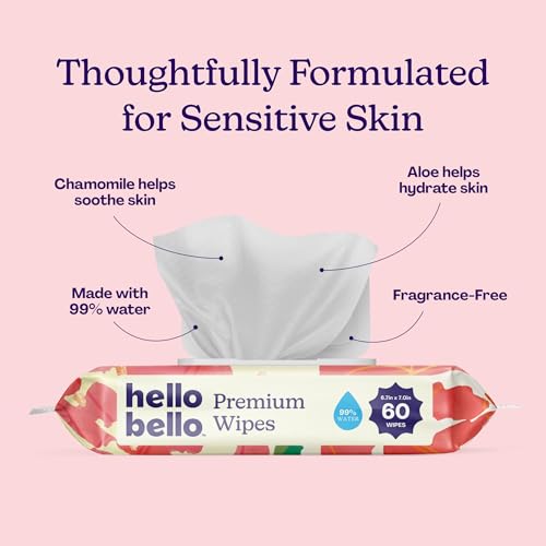 Hello Bello Premium Baby Wipes for Sensitive Skin, Hypoallergenic, Fragrance-Free, 99% Water with Chamomile & Aloe, Multi-Use, Rosy Posy, 9 Resealable Packets, 540 Wipes