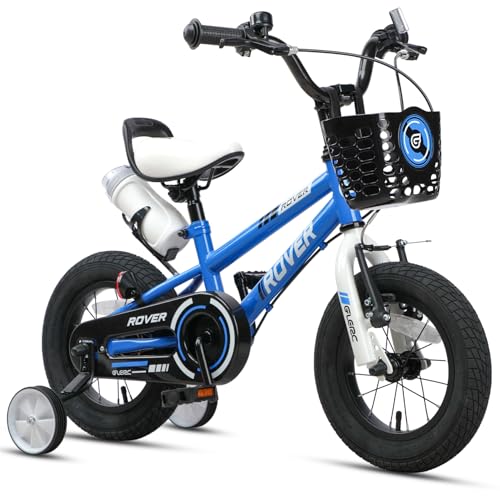 Glerc Rover Bicicleta Infantil 12 Pulgadas para Niños Niñas de 2 3 4 Años, Bicicletas con Botella de Agua & Ruedines & Cesta, Azul