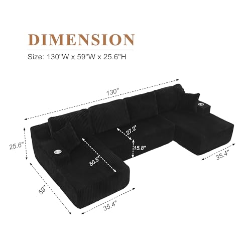 Image of 130 inch Modular Sectional Sleeper Sofa, Modern Cloud Sectional Sofa Couch with Cupholders and Storage, U Shape Boneless Couches for Living Room, Free Combination, No Assembly Required,Black