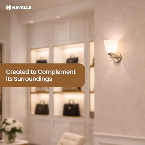 Image of Havells Floretine Indoor Wall Light | Brushed Nickel MS Frame & Opal White Diffuser | B22 Holder Compatible | Elegant Lighting for Bedrooms, Living Rooms & Hallways