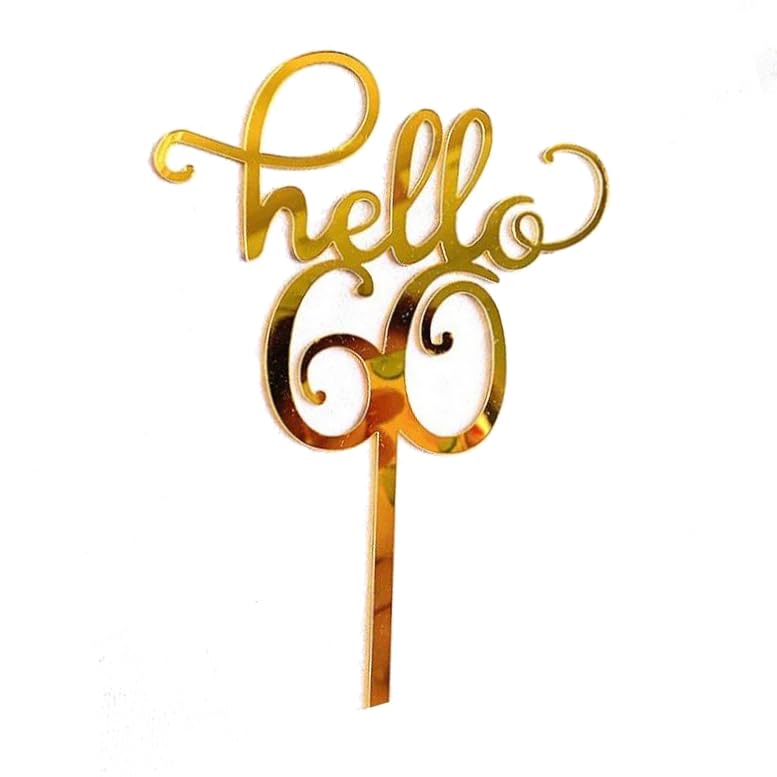 Emma Bunting Hello 60 Birthday Gold Acrylic Cake Topper - Reusable - 15cm x 9cm