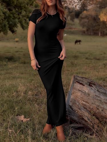 Image of Womens Summer Short Sleeve Square Neck Elegant Casual Lounge Bodycon Slim Maxi Evening Party Long Dress
