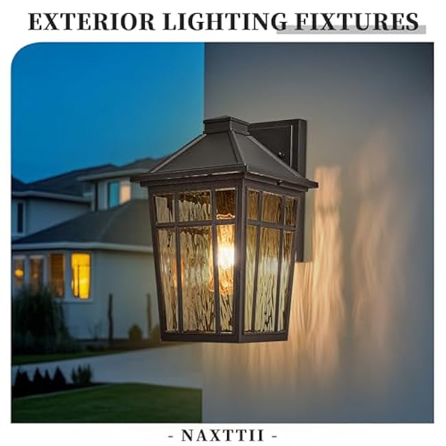 Outdoor Wall Lamps 11 Inch Outside Light Fixtures for House Black Aluminum Exterior Wall Sconce with Water Ripple Glass for Patio Porch and Garage E26 Socke Max 60W