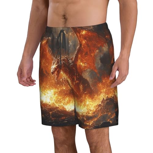 Men's Swim Trunks Bathing Suit Quick Dry Beach Board Shorts - Dragon Fire Retro Art2
