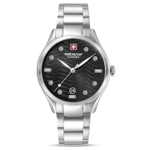 Swiss Military Hanowa Reloj de mujer Manta Lady con correa de acero inoxidable, fecha y cristal de zafiro, Negro , Pulsera