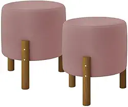kit 2 Puff Redondo Luxo Decorativo Charme com Pés de madeira Suede Rosa Rose