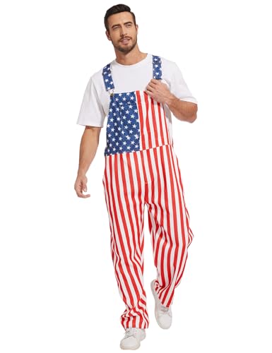 Boveco American Flag Overalls for Men Striped Patriotic Onesie 4th of July Bib Independence Day Romper USA Oversized Jumpsuit, Blue, XXL