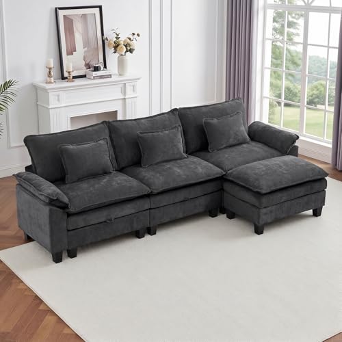 Image of IPKIG 117 inch Modular Cloud Couch with Storage, L Shaped Sectional Sofa with Ottoman & Pillow, Velvet Deep Seat Sectional Couches for Living Room, Apartment, Dark Grey