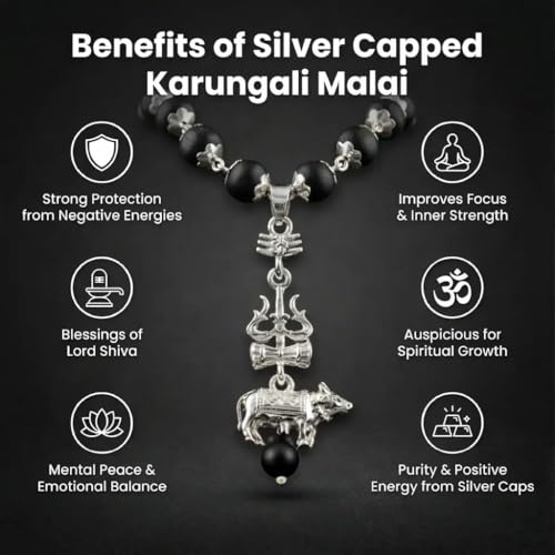Image of Original Karungali Mala with Shiv Shakti Trishul Damru Nandi Pendant | Natural Black Ebony Wood Karungali Mala with traditional spiritual pendants for meditation prayer yoga and Pooja