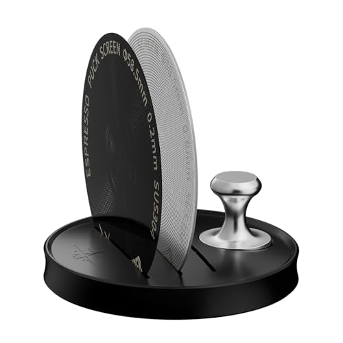 MHW-3BOMBER 58.5mm Puck Screen Matching Set,Espresso Metal Coffee Filter Reusable Espresso Filters,0.2mm and 0.8mm Thickness with Espresso Puck Screen Stand and Auxiliary Magnetic Suction :