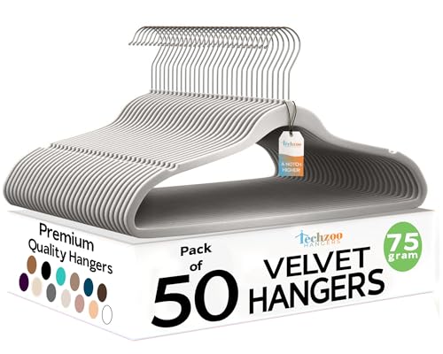 Image of Techzoo Premium Velvet Hangers 50 Pack Ultra Thin Non Slip Adult Felt Space Saving Suit Hanger for Closet Heavy Duty Coat Pants Jackets Dress Hangers 360 Swivel Hook Hold Upto 10 lbs Silver Birch