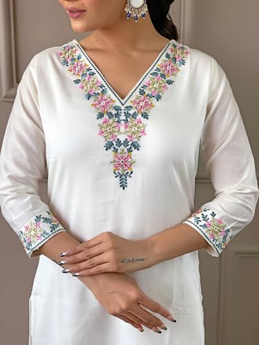 Image of Women's Kurta Set with Floral Print Dupatta, White and Purple