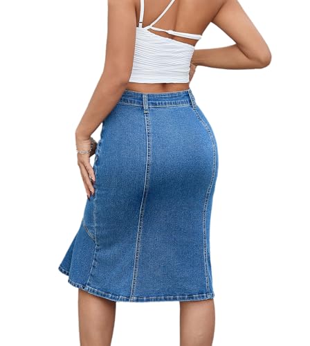 Women's Fishtail Denim Skirt Mid Rise Patchwork Below Knee Length Flared Jean Skirts3