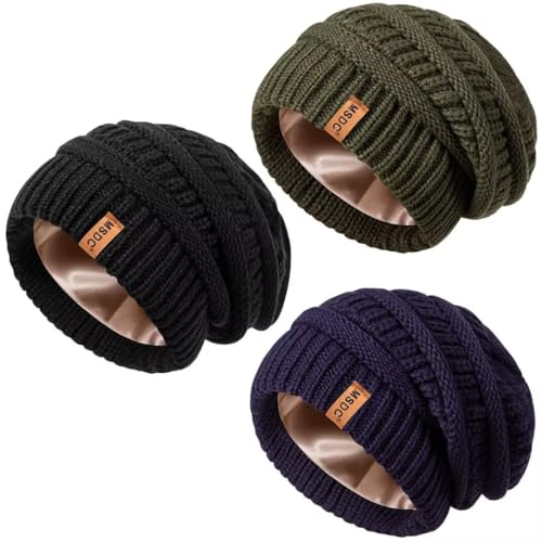 Image of 3 Pack Satin Lined Beanie for Women, Warm Slouchy Winter Hats with Silk Lined, Fashionable Oversized Cable Knit Hat Skull Cap