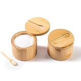 FrutPunch Bamboo Salt Cellar, 2PCS Salt Container with Spoon&Magnetic Screw Lid, Elegant Kitchen Salt Cellar with lid for Countertop Storage Pepper Spice Sea Salt