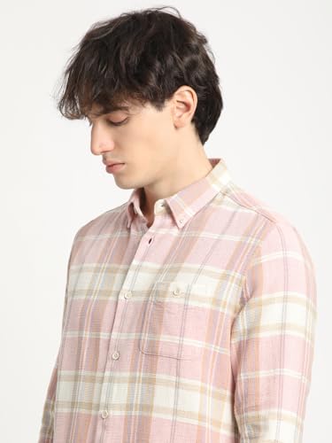 Image of THE BEAR HOUSE Men's Slim Fit Tartan Checked Button-Down Collar Oxford Weave Cotton Casual Shirt