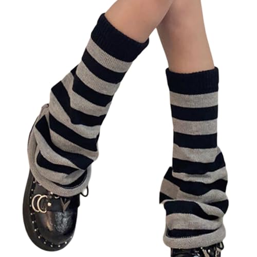 FeMereina Leg Warmers for Women 80s 90s Goth Leg Warmer Girls Kawaii Japanese Style Knit Striped Leg Warmers Y2K Leg Sleeves (Stripes - Grey, One Size)