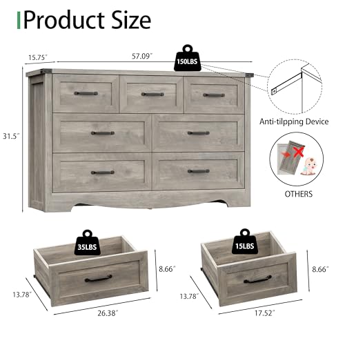 Image of Dresser for Bedroom with 7 Drawers, 58 inch Wide Wood Chest of Drawers with Deep Drawers & Mental Handle, Modern Dresser TV Stand, Wooden Closet Storage Organizer for Living Room, Hallway, Entryway, Grey