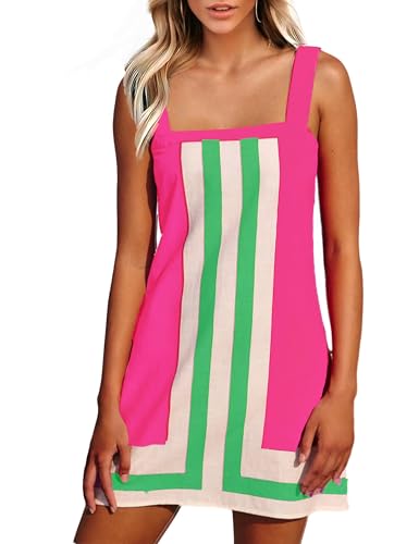 Fiona Jolin Women's Striped Mini Dress Boho Shoulder Strap Sundress Summer Cover Up Dress for Beach (Pink-M)
