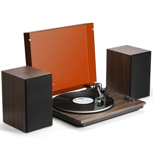 GLENCREAG Tocadiscos de vinilo con cartucho AT-3600L y altavoces de 60 W, tocadiscos de transmisión por correa de 2 velocidades, preamplificador Phono integrado, entrada de salida Bluetooth y entrada