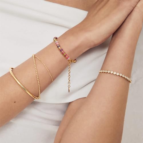 Beaded Bracelet for Women and Girl, Colorful Beach Boho Gems Bracelet 14K Gold Plated Stackable Handmade Bohemian Multicolor Natural Stone Bracelet4