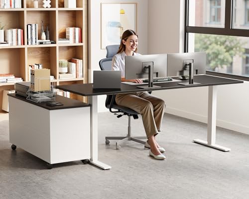 Image of OffiGo 55 Inch L Shaped Electric Standing Desk with Drawers & File Cabinet Sets, Executive Sit Stand Desk, Height Adjustable Computer Desk for Home Office, Writing, Workstation, Black+White