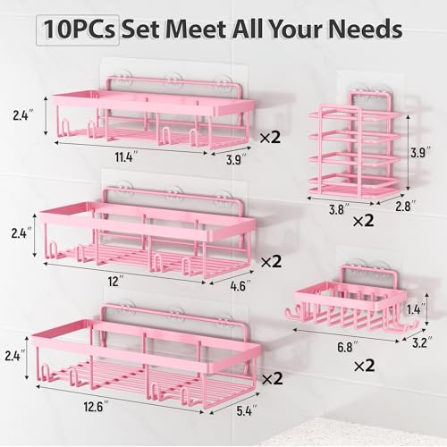 Image of Liuoud 10 Pack Shower Caddy Organizer Rack Shelf for Inside Shower, Self Adhesive Wall Storage Basket Rustproof Stainless Steel Shampoo Holder Bathroom Accessory Decor Set, Pink