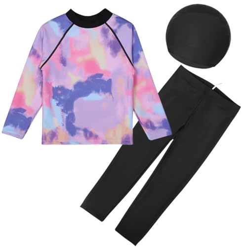 3 Pcs Youth Girls Swimsuit Long Sleeve Purple Rash Guard UPF 50 Swimsuit Sun Protection Hat Bathing Suits