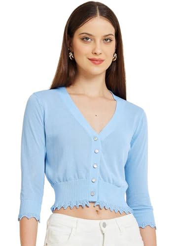 Image of Allegra K Women Cropped Cardigans 3 /4 Sleeve Button Down Lightweight Knit Shrug Cardigan Casual Summer Tops Small Blue