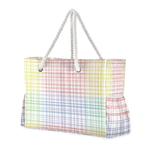 Beach Bag - Large Tote Bags for Women Plaid Pattern Colorful Yellow Shoulder Bags Zipper Waterproof Sandproof for Travel Gym Swim Daily