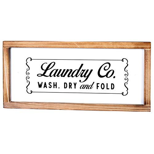 Laundry Co Sign Wash Dry Fold Laundry Sign - Rustic Farmhouse Decor for the Home - Laundry Sign, Modern Farmhouse Decor, Home Laundry Room Decor with Solid Wood Frame - 8 x 17 Inches