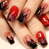 24 Pcs Flame Press On Short Square Red Glitter Design Black Flame False Nails - Full Cover Glue On Reusable Glossy Artificial Nails for Women & Girls