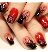 24 Pcs Flame Press on Nails Short Square Red Fake Nails with Glitter Design Black Flame False Nai...
