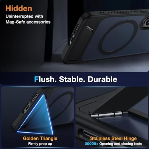 Image of Elzzi Magnetic Magsafe for Samsung Galaxy S26 Case [Compatible with MagSafe][Full Camera Protection][Built-in Invisible Kickstand] Translucent Matte Phone Back Cover-Black