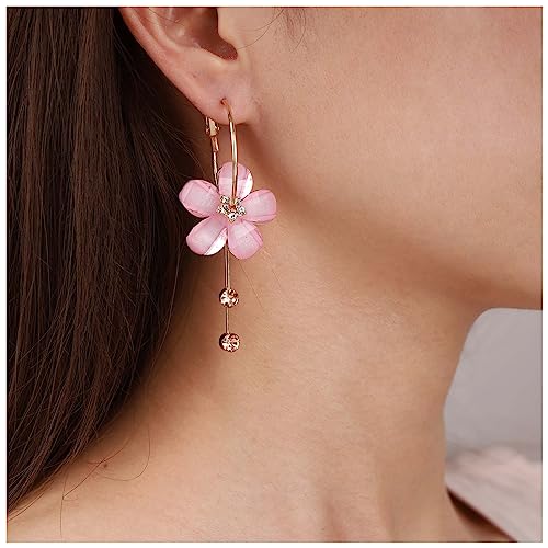 Boho Acrylic Flower Hoop Earrings with Pink Crystal Flowers and Cz Tassel Dangle Earrings - Colorful Resin Jewelry for Women and Girls3