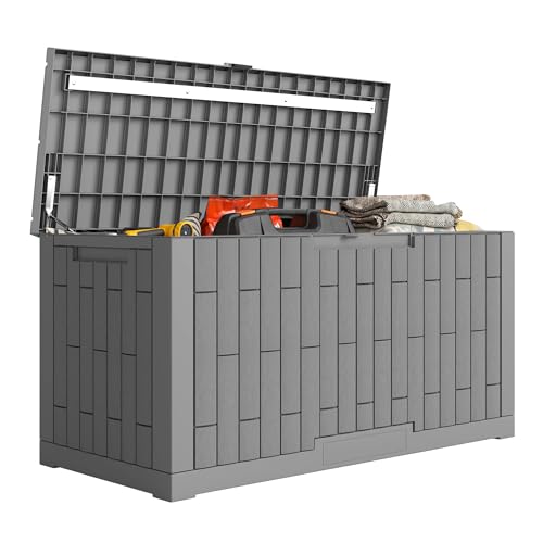 Outsunny Coffre de Rangement Extérieur 379 L Verrouillable avec Vérin à Gaz, Boîte de Jardin en Aspect Bois Résistant aux UV, pour Outils Accessoires,...