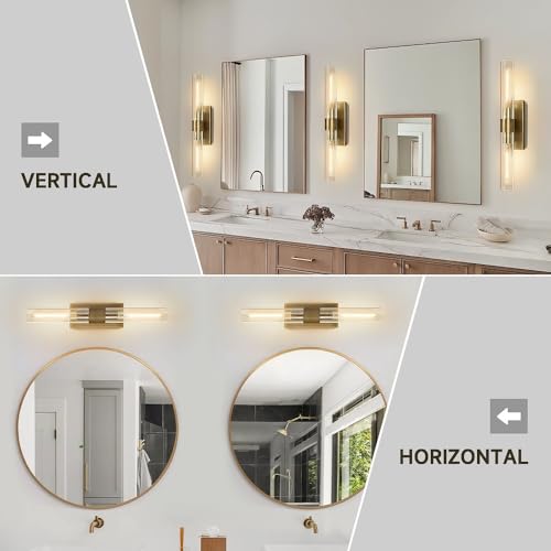 Image of Wall Sconces Set of Two, 22.8 inch Gold Bathroom Sconces Wall Lighting with Clear Glass, Modern Sconces Wall Decor Brass Light Fixtures for Bathroom Mirror Living Room Hallway Bedroom