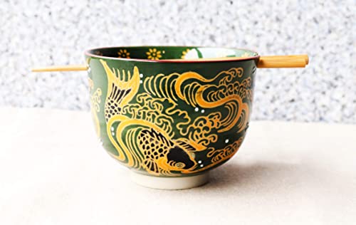 Ebros Gift Colorful Green And Yellow River Koi Fishes With Crystals Ramen Udong Noodles Bowl With Built In Chopsticks Rest And Bamboo Chopstick Set For Kitchen Dining Soup Rice Meal Bowls (1) #TOP1