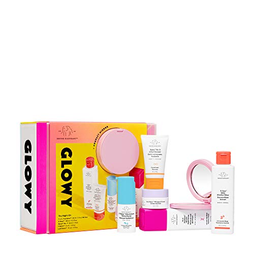 Drunk Elephant GLOWY – The Night Kit. Complete Evening Skincare Routine (Jelly Cleanser, Glycolic Night Serum, Micellar Water, Electrolyte Mask and Whipped Cream Moisturizer)
