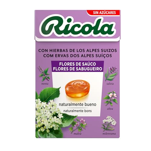 Ricola - Flor de Saúco, Caramelos Duros Sin Azúcar, Refresca, Alivia la Garganta y la Respiración, con Flor de Saúco, 13 Hierbas Suizas y Mentol, con Edulcorantes - Caja 50 g