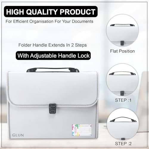 Image of GLUN Expanding File Folder A4 Size, 13 Pockets with Handle & Buckle Lock, Portable Document Storage Organiser for Office Use (Grey)