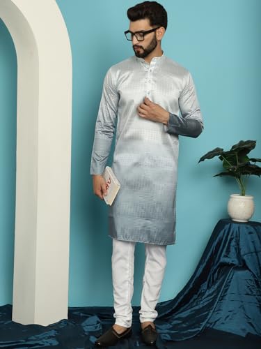 Image of SOJANYA (Since 1958, Men's Jacquard Silk Multi Shade Sequinned & White Pyjama Set