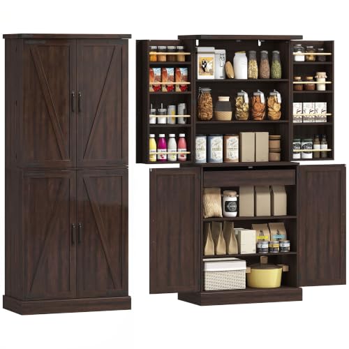 Image of HOMCOM 72" Tall Kitchen Pantry Cabinet with 8 Door Racks and Drawer, Brown