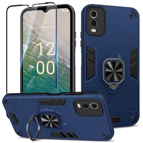 Btstring Case for Nokia C32 and Screen Protector Tempered Glass, Shockproof Tough Armour Phone Case, Heavy Duty Personalised Case with Stand, Blue