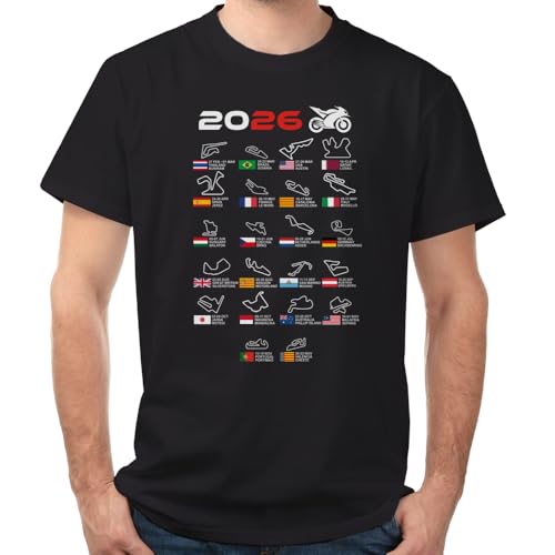 Wanapix | Camiseta Moto GP Hombre | 100% Algodón | Regalo Fans Motos | Talla M | Color Negro | Calendario y Circuitos 2026