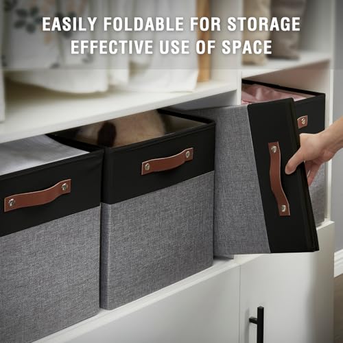 Image of Bagnizer Collapsible Fabric Storage Cube Bins with 2 Reinforced PU Handles, Foldable Storage Organizer Baskets for Closet, Shelves, Living Room | 13 inchx13 inchx13 inch, 4 Pack, Black & Gray