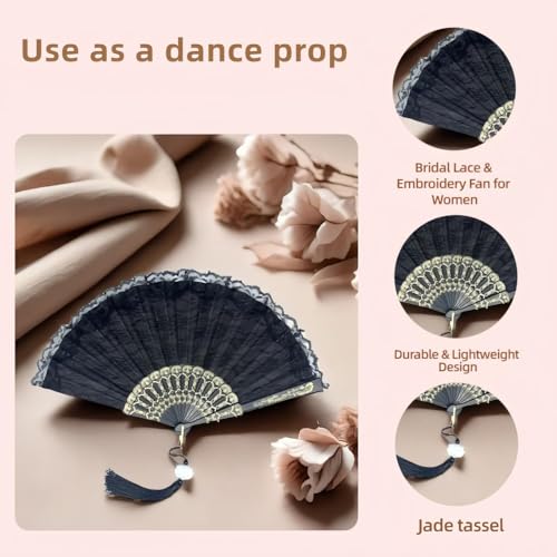 Image of Vintage Bridal Lace Hand Fan, Floral Embroidery Glitter Tassels Foldable | Wedding Dance Tea Party Gift for Women, Mother, Bride, Compact Retro Cosplay