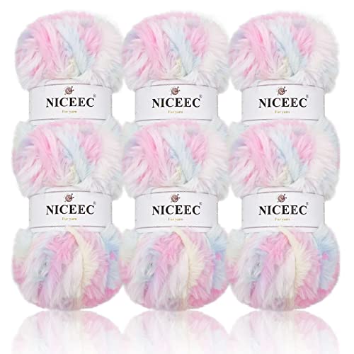 Image of NICEEC Faux Fur Yarn Super Soft, Chunky & Fluffy, Eyelash Yarn for Crochet & Knitting(Total Length 210yds /10.6oz) - Unicorn /300g
